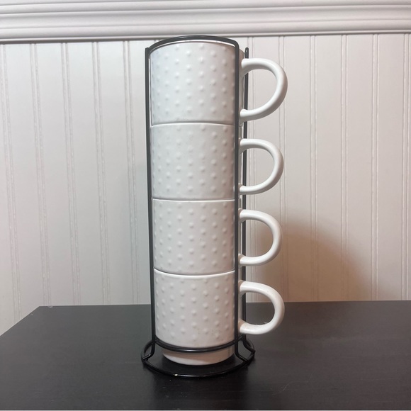 Market Finds White Hobnail Stacking Mugs Set of 4 with Black Metal Storage Stand - Picture 10 of 10